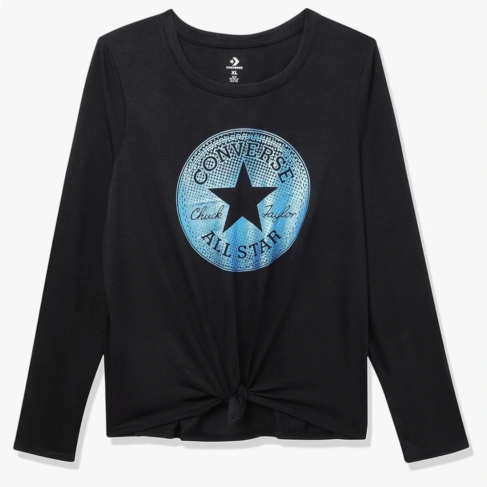 Converse Girls Black Long Sleeve Front Tie Graphic Logo Top 12/14  XL